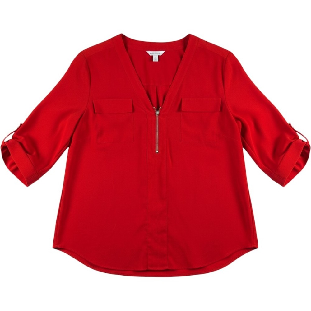 Boutique Women Red Zip V-Neck 3/4 Tab Sleeve Blouse Plus Size 1X